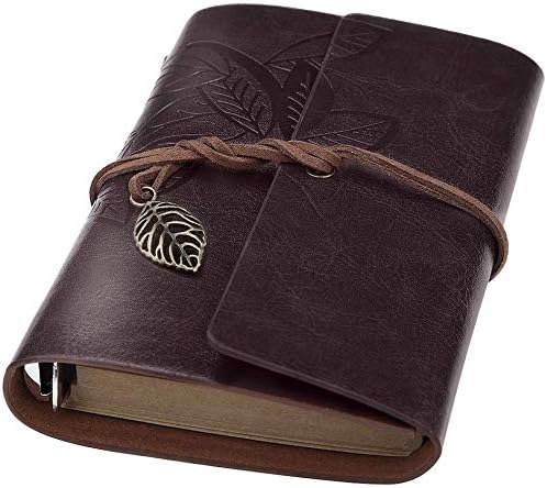 Retro Leaves Pendants PU Leather Cover Loose Leaf Blank Writing Journal Notebook Diary Gift (Coffee, A6(7 inch))