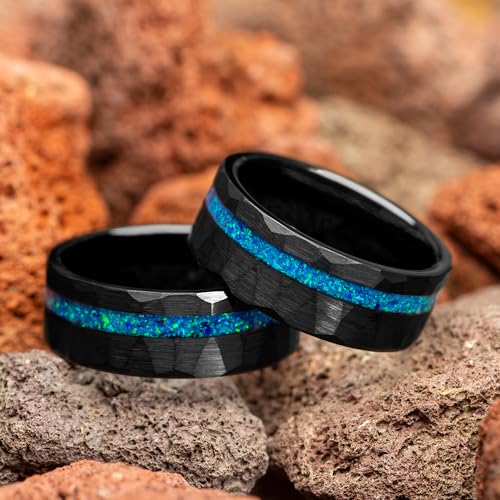Men's Wedding Ring 8mm Black Hammered Tungsten Blue & Green Opal Inlay – Comfort Fit Mens Wedding Band with Antique Wooden Ring Box4