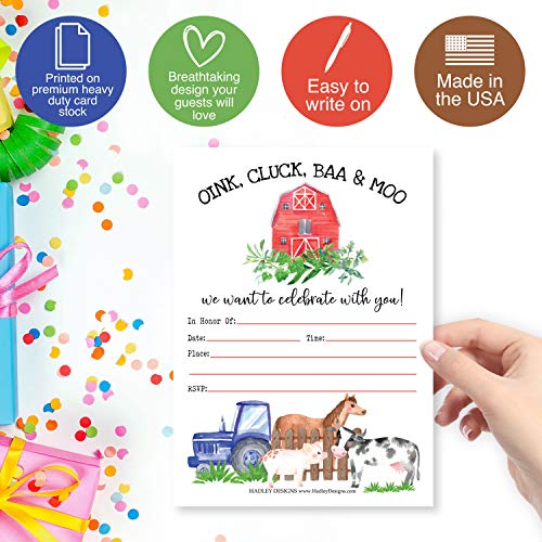 Image of Hadley Designs Kids Birthday Invitations For Boys and Girls Barnyard Theme - 25 Farm Animals Birthday Party Invitations For Boys, Tractor Barn Invites For Girls, Cute Ranch Party Supplies, Made In USA