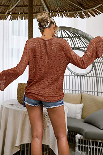 Image of Saodimallsu Womens Boho Off Shoulder Sheer Crop Tops Bell Sleeve Flowy Oversized Crochet Ruched Pullover Sweaters