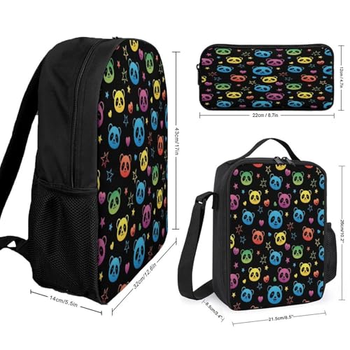 Multifunction 3 Pcs Set for Men Women, Soft Colorful Panda Pencil Pouch, Lunch Bag Easy to Storage, Backpack for Travel2