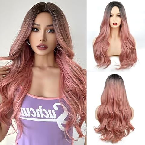 YEAME Long Ombre Pink Wavy wigs With Bangs 28 Inch Curly Wavy Wig Heat Resistant Synthetic Wig for Women Daily Party Use (Ombre Pink) Cover