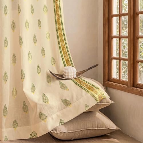 Image of Urban Space 100% Cotton Curtains with Gold Foil Print | Upto 60% Light Blocking Long Door Curtain 8 feet I Set of 2 Decorative Curtains with Eyelets, Tieback (Zari Buta Sage Green Gold - 8 feet)