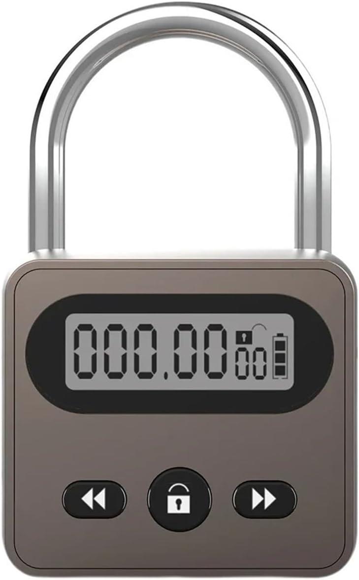 1pc Timing Padlock Metal Timer Lock LCD Display Multi Function Electronic Time 999 Hour Anti-Addiction(Brown)