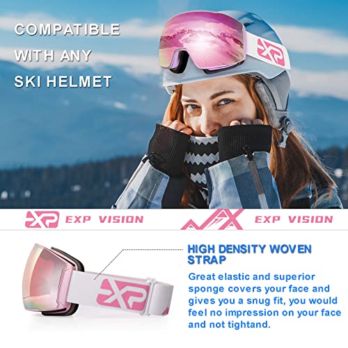 Exp Vision Ski Goggles Anti Fog Magnetic Snow Goggles, Otg Toric Snowboard Goggles For Men Women Uv Protection, Frameless, Interchangeable Lens (Pink) #TOP5