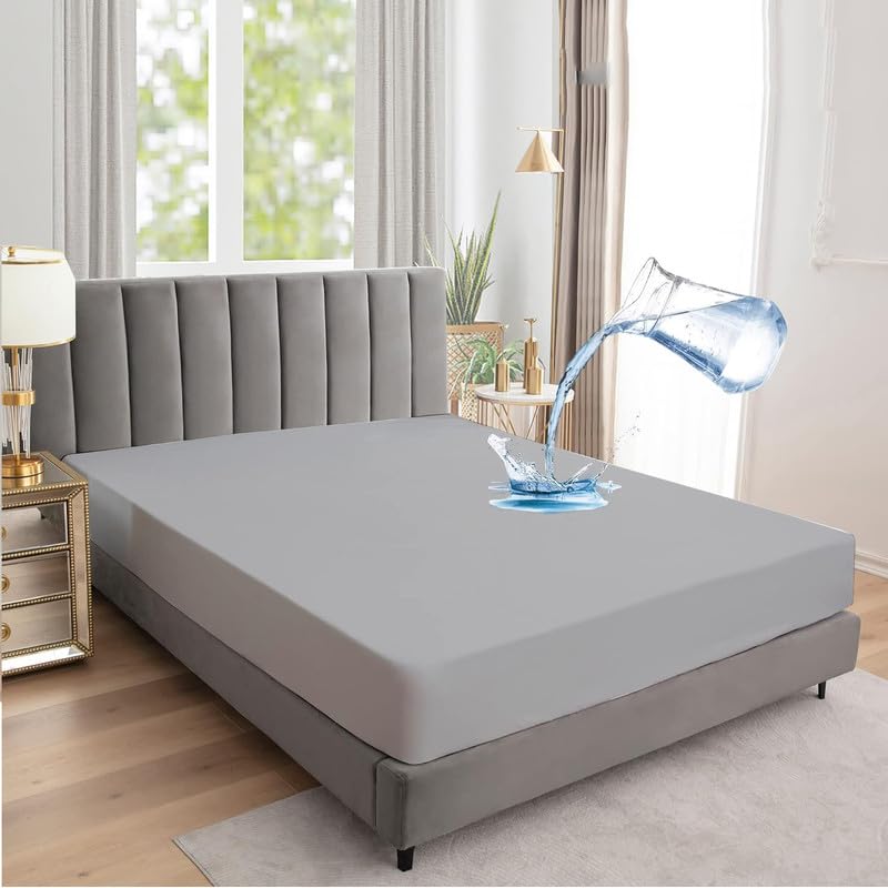 Image of Waterproof Soft Terry Cotton Mattress Protector /Breathable Elastic Fitted Style /Bed Cover King 78 inchx78 inch / 6.5ft x 6.5ft /198 x 198 cm,Light Grey