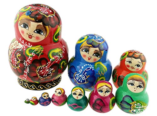 Winterworm Beautiful Red Crooked Head Little Girl Colorful Varnished Handmade Wooden Russian Nesting Dolls Matryoshka Dolls Set 10 Pieces for Kids Toy Birthday Home Decoration