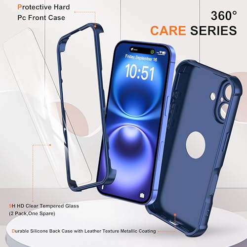 Image of ORETECH 3 in 1 for iPhone 16 Case with 2 x 9H Screen Protector,Blue | Full Body Shockproof Design Smooth Texture,15FT Military Grade, Camera Lens Shield, with Armor Front Frame Protection