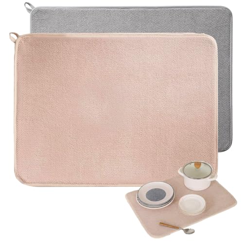2 Pack Kitchen Sink Drying Mat Set, Super Absorbent Dish Drying Mat for Dishes, Reusable Silicone Drying Rack Mat for Kitchen Counter, Non-Slip Drying Pad for Drainage, Black and Tan