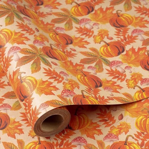 RUSPEPA Fall Wrapping Paper Roll Mini Roll Watercolor Pumpkin Autumn Leaf and Mushroom Design Autumn Kraft Gift Wrap Paper for Thanksgiving Fall Party Harvest 17 Inches x 16.4 Feet