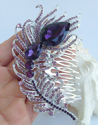 Sindary Wedding Headpiece 4.33" Rhinestone Crystal Bridal Peacock Feather Hair Comb (Silver-Tone Purple) #TOP1