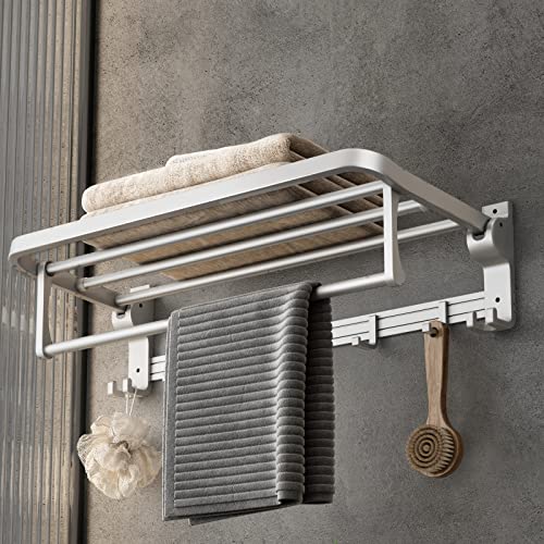 VOLPONE 24 Inch Towel Rack with Towel Bar Holder Foldable Towel Shelf with Movable Hooks Rustproof Towel Storage Wall Mount for Bathroom Lavatory Silver by VOLPONE - Used condition - US$57.31