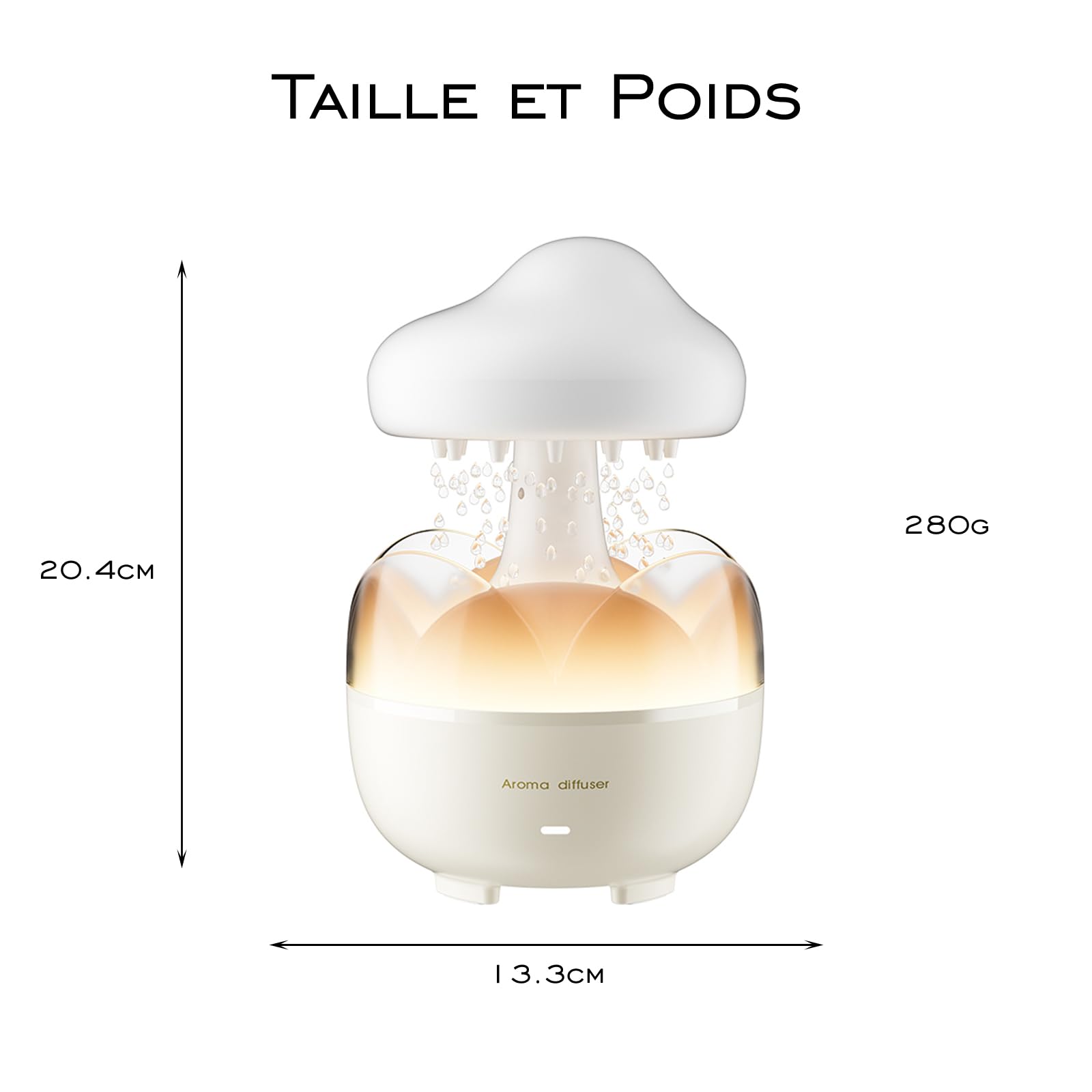 Raindrop humidificateur portable 230 ml, diffuseur d'huiles essentielles nuage veilleuse, arrêt automatique sans eau, bureau, chambre à coucher, salon