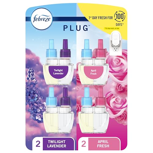 Image of Febreze Plug in Air Freshener, Odor-Fighting Scented Oil Refill, Twilight Lavender and Downy April Fresh Scents, 4 Refills
