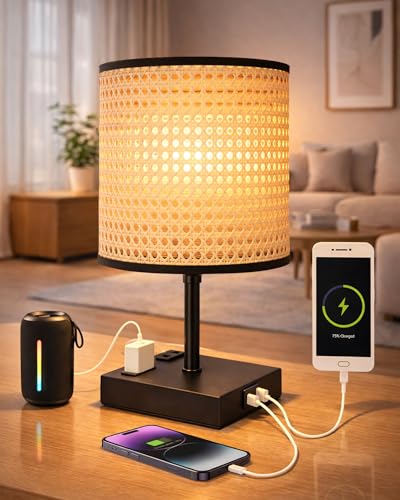 Image of Homesake Touch Table Lamp with USB A + Type C Charging Ports Dual AC Outlets, Touch Control, Medium Size, Bulb Included Night Stand, Bedside Desk Light Bedroom Living Room Office, (Cane Cylinder)