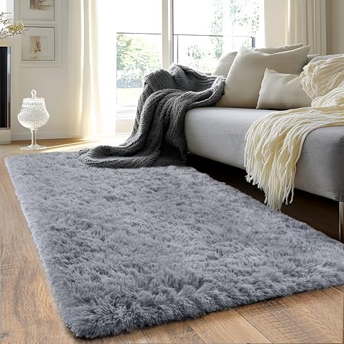 Runner Rugs for Bedroom 2x6 Rug Runners for Hallways Non Slip Soft Shag Bedside Rug, Fluffy Area Rug Throw Rugs for Living Room, Floor Carpet Runner for Nursery Kids Dorm, Grey