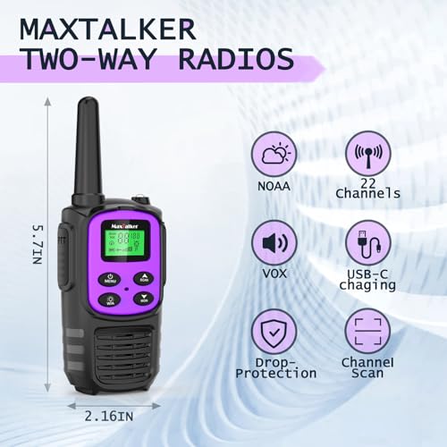 Image of MaxTalker Walkie Talkies Long Range, FRS Two Way Radio (2-Pack, Purple) | Rechargeable 1200mAh USB-C walkie talkie with NOAA, LED flashlight & VOX, Ideal for hiking, camping