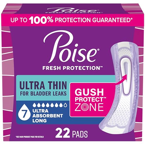 Poise Ultra Thin Incontinence & Postpartum Pads for Bladder Leaks 7 Drop Ultra Absorbency Long Length 22 Count (Packaging May Vary)