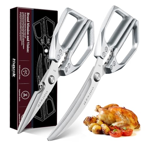 HUUSK Kitchen Scissors Set Silver - Stainless Steel Kitchen Shear, Sharp Meat Scissors Dishwasher Safe, Heavy Duty Poultry Shears, Japanese Cooking Scissor for Food, Chicken Bones, and Turkey