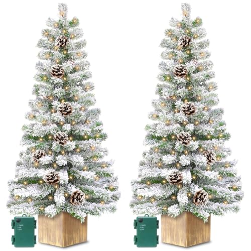 2 Pack 4 Ft Snow Flocked Christmas Entrance Tree, Artificial Xmas Tree with 60 LEDs Warm White Light...