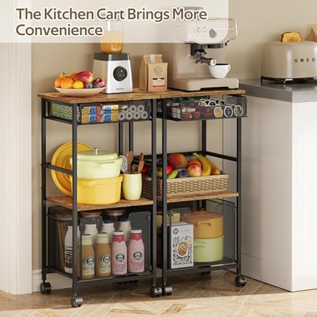Kitchen Storage Cart with Drawers, 4-Tier Rolling Kitchen Cart for Small Spaces, Multifunctional Kitchen Organizer with Lockable Wheels, Fruit Vegetable and Snack Utility Storage Cart for Home-CMlbizH4