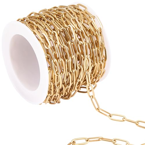 BEAMARKER 16.4ft/5m Véritable 18K Or Placé Trombone Chaîne Rouleau en Acier Inoxydable 4.2mm Largeur Soudé Ovale Lien Câble Chaîne avec Bobine pour DIY...