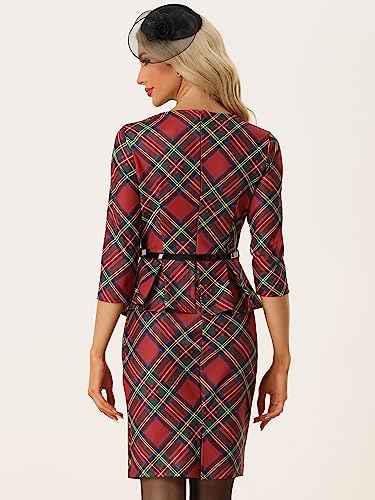 Allegra K Women's Peplum Pencil Dress Round Neck 3/4 Sleeve Bodycon Belt Plaid Sheath Dresses4