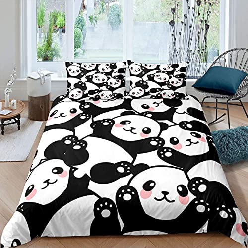 Homewish Kid Duvet Cover Double, Cute Panda Bedding Set for Bedroom Decor Kawaii Black White Bear Comforter Cover