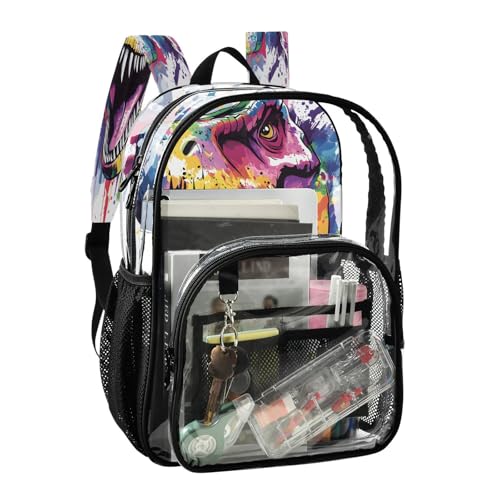Colorful Dinosaur Painting Clear Backpack Heavy Duty See Through Transparent PVC BookBag for Kids Boy Girl School Work2