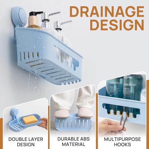 Image of LEVERLOC Shower Caddy Suction Cup Set Shower Organizer & Soap Holder & Toothbrush Holder, Bathroom Shelf Basket NO-Drilling, Removable Suction Storage Waterproof Bathroom Holder, Blue