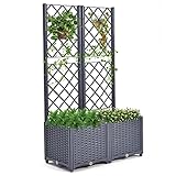 Mingone Rankkasten Polyrattan Hochbeet Pflanzgefäß Garten Terrasse Pflanzkasten Rankgitter für 2 große Pflanzgefäße (Grau 80*40*136cm)