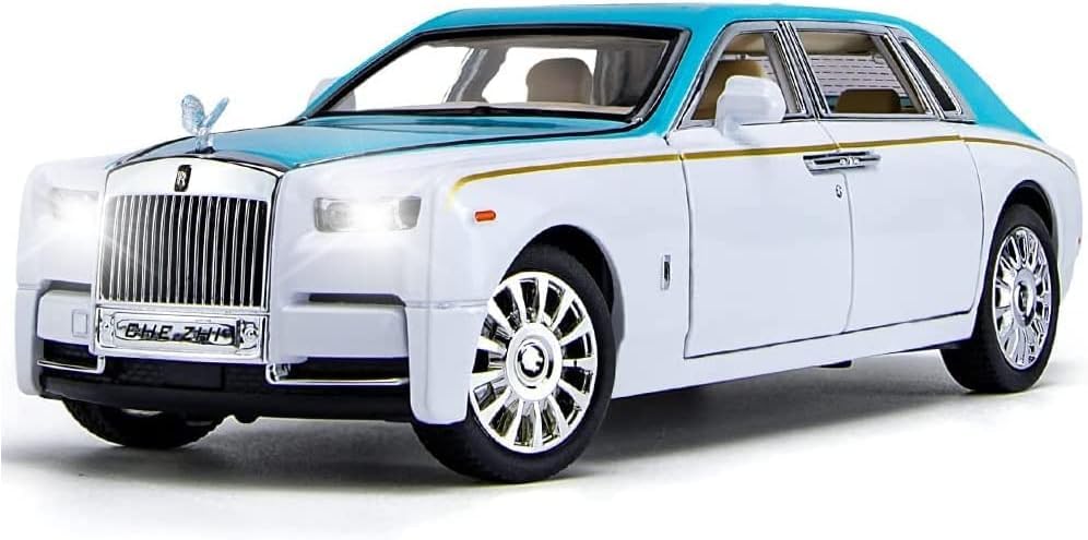 Image of 1 /24 Rolls-Royce Phantom Model Car,Zinc Alloy Pull Back Toy car with Sound and Light for Kids Boy Girl Gift. (Blue-White)