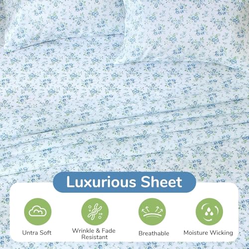 Image of MUXHOMO Queen Size 4 Piece Sheet Set, Soft Breathable Bed Sheet Set for Bedroom with Deep Pocket Up to 16 inch, Wrinkle-Free & Cooling Bedding for Oeko-TEX Certified - Blossoms Light Blue