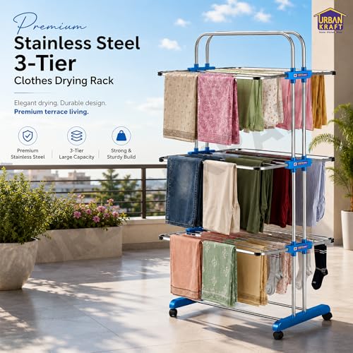 Image of URBAN KRAFT 3 Tier Stainless Steel Foldable Cloth Drying Stand | Premium Clothes Rack for Drying | Heavy Duty Clothes Dryer Stand | Laundry Racks for Drying - Indoor /Balcony
