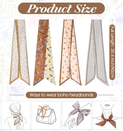 4Pcs Brown Headband Scarf for Women, Brown Satin Boho Scarves, Multifunctional as Headbands Hair Accessories Bag Handles for Women2