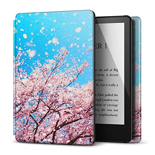 TNP Case for 6.8" Kindle Paperwhite 11th Generation 2021 / Kindle Paperwhite Signature Edition, PU Leather Cover, Protective Sleeve Folio Case for Kindle E-Reader with Auto Sleep/Wake, Cherry Blossom