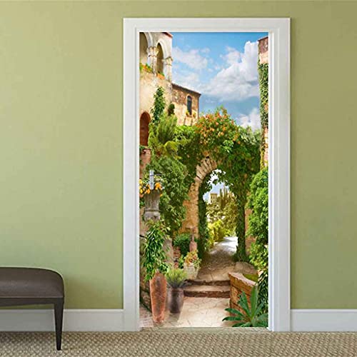 CBWRAW 3D Pegatinas Decorativas De Puerta Construcción De Casas De Plantas Verdes Pegatinas De Pared Diy Extraíble Vinilo Puerta Calcomanías Papel Tapiz Murales Póster Arte Moderno Decoración 77x200cm