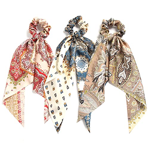 Pack Of 3 Girl's Knotted Retro Bow Hair Scrunchies Elastic Bohemia Hair Scarf Paisley Ribbon Hair Ties Bands Satin Hair Accessories Scrunchy Ponytail Holder For Women (Paisley) #TOP21