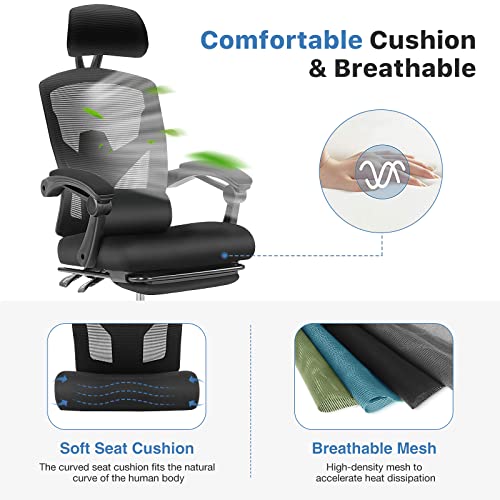 Ergonomic Office Chair, High Back Office Chair With Lumbar Pillow And Retractable Footrest, Mesh Office Chair With Padded Armrests And Adjustable Headrest, Swivel Rolling Chair, Height Adjustable #TOP3