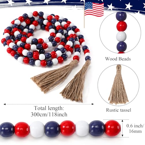 Image of Equsion Wooden Bead Garland with Tassels, Extra Long Fireplace Wood Bead Garlands Rustic Farmhouse Vintage Boho Beads Garland for Party Home Decor Tiered Tray Decorative Beads(Red, White, Blue)