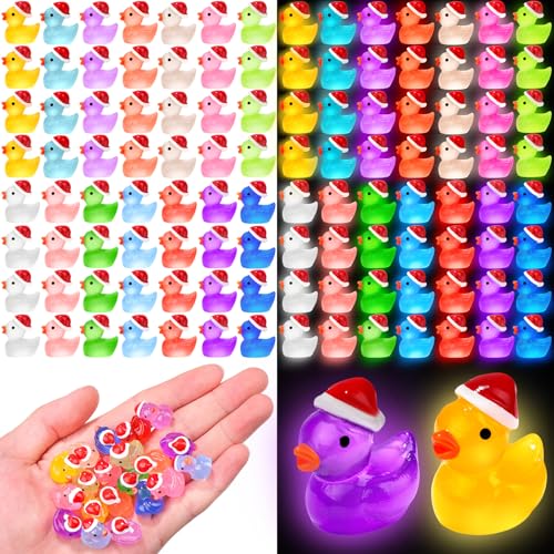 120Pcs Luminous Christmas Mini Resin Duck 14 Colors Glow in The Dark Small Duck Figurines for Miniature Christmas Decor Aquarium Ornament Dollhouse Decoration DIY Slime Craft Kit Birthday Party Favors