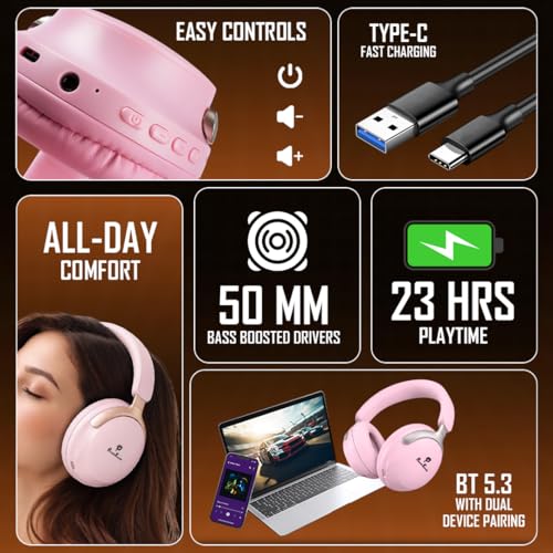 Image of PunnkFunnk Wireless Over-Ear Bluetooth Headphones - Deep Bass, Noise Isolation, Soft Cushioned Earcups, Foldable Lightweight Design, HD Mic for Gaming, Music & Calls (Pink)
