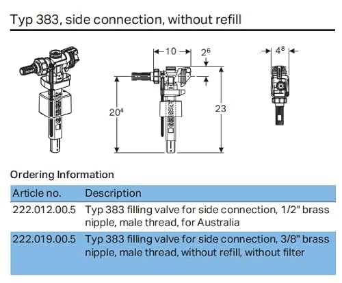 Geberit Typ 383 Seitenfüllventil 3/8 Zoll – Messing-Zulaufventil für Spülkasten 222.019.00.5