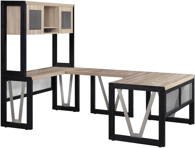 NBF U-Shaped Executive Office Desk with Reversible Bridge - 60" W Modern Computer Table with Grommet Holes - District Office Work Desk with Southern Walnut Laminate Top & Black Base