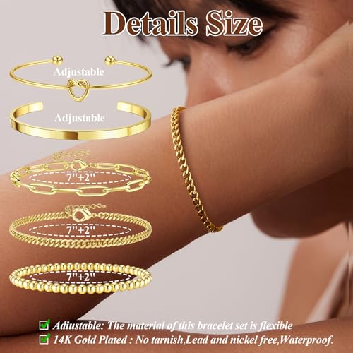 Dainty Gold Bracelets for Women - Trendy 14K Gold Bracelet Stack Set Non Tarnish Gold Beaded Bracelets 5PCS Stackable Waterproof Jewelry for Women Gold Adjustable Bracelet With 2" Extension2