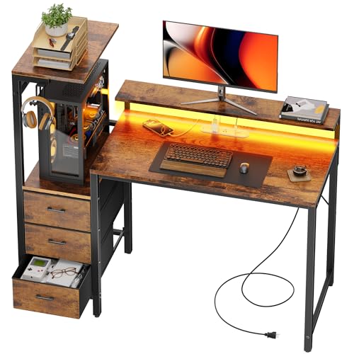 Image of HLDIRECT 44 inch Gaming Desk with 3 Fabric Drawers & Side Hooks-Reversible Home Office Computer Desk with Power Outlets & Led Lights, Gamer Desk Table with Monitor Stand, Rustic Brown