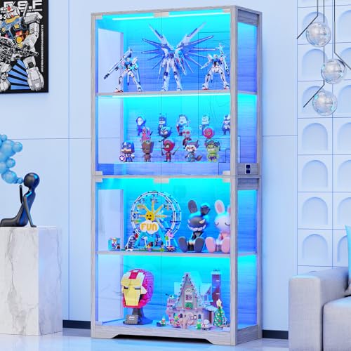 BROTTAR Display Cabinet with Glass Doors, 4-Tier Curio Cabinet with 3 Color Lights for Collectibles...