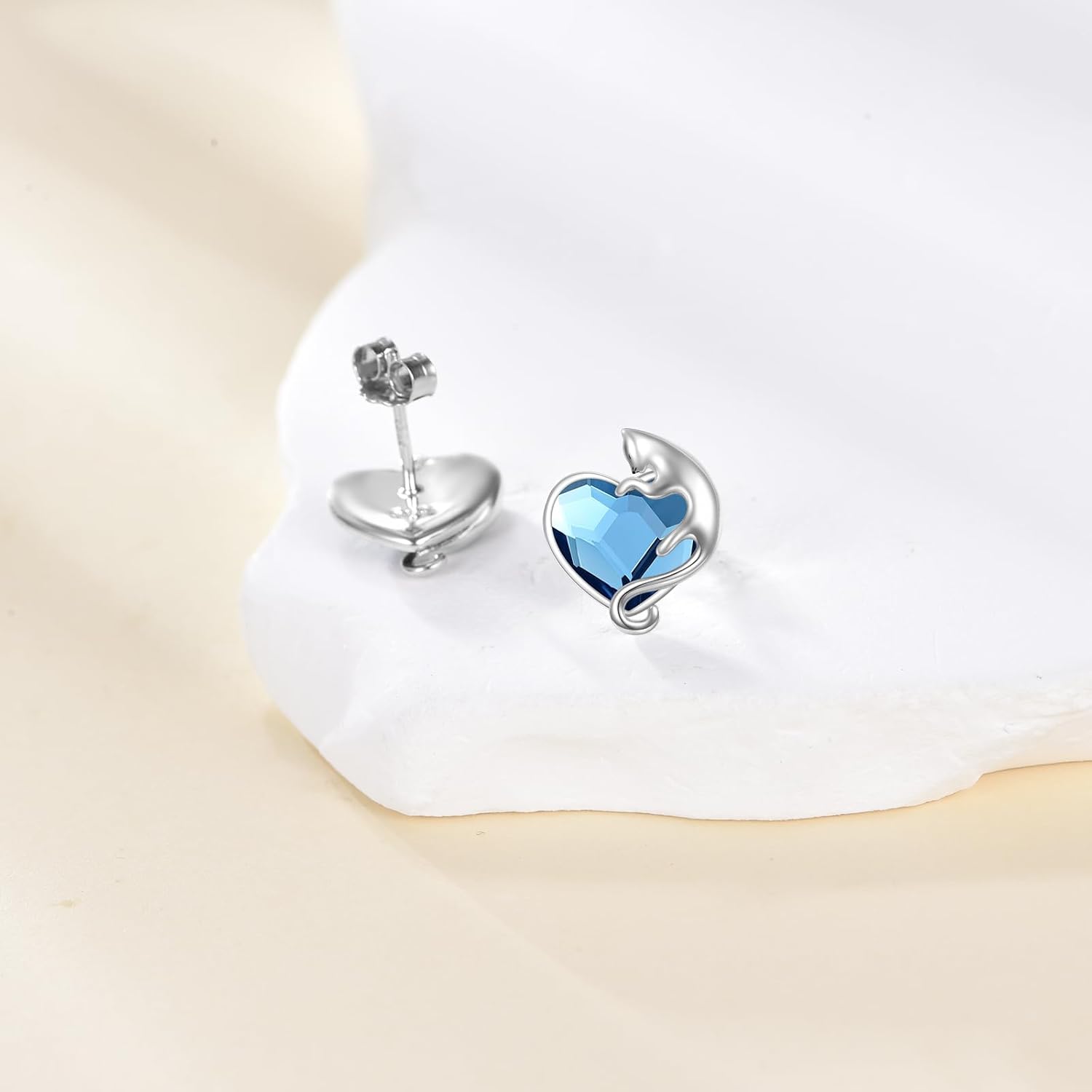 925 Sterling Silver Cute Cat Studs Earrings with Blue Heart Crystal from Austria - Cat Jewelry Gifts for Women Cats Lovers - Image 3