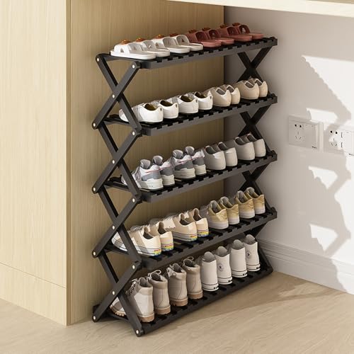 SKW 竹製 折りたたみ シューズラック 組み立て不要、玄関 コンパクト 多機能 収納 (ブラック, 幅70cm (5層))