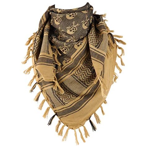 GERINLY Cotton Shemagh Tactical Desert Scarf Skull Pattern Arab Keffiyeh Thickened Scarf Wrap for Men and Women - Brown - Medium Cover